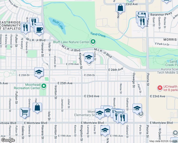 map of restaurants, bars, coffee shops, grocery stores, and more near 11190 East 26th Avenue in Aurora