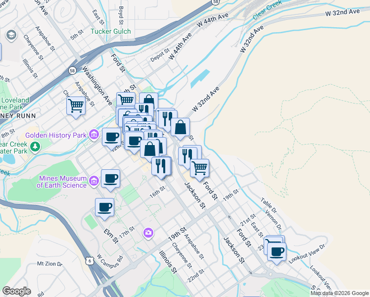 map of restaurants, bars, coffee shops, grocery stores, and more near 1410 Ford Street in Golden