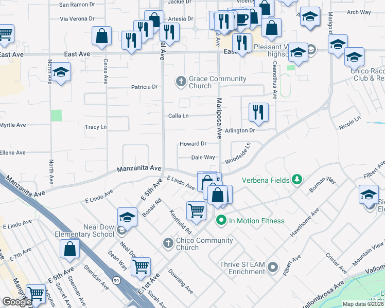 map of restaurants, bars, coffee shops, grocery stores, and more near 1276 Dale Way in Chico