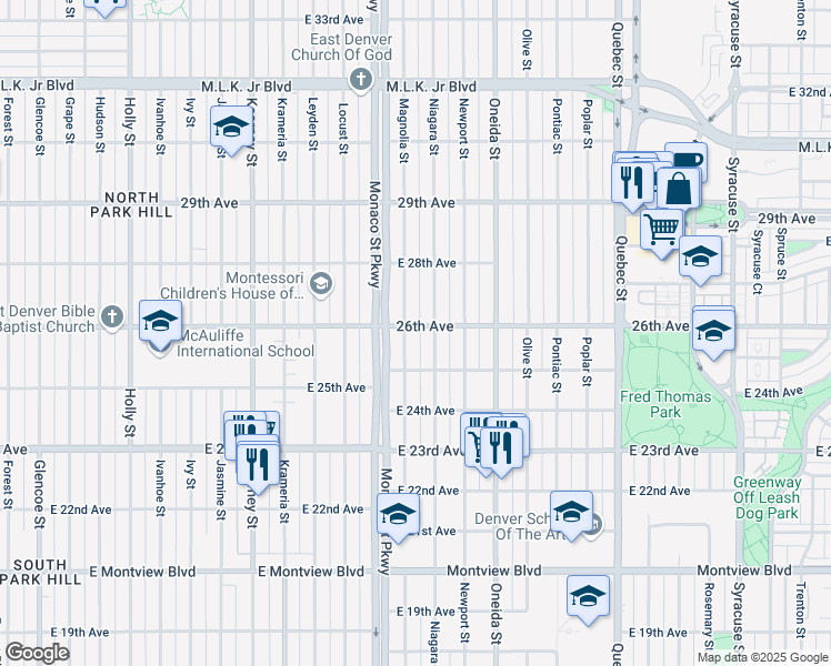 map of restaurants, bars, coffee shops, grocery stores, and more near 2570 Magnolia Street in Denver