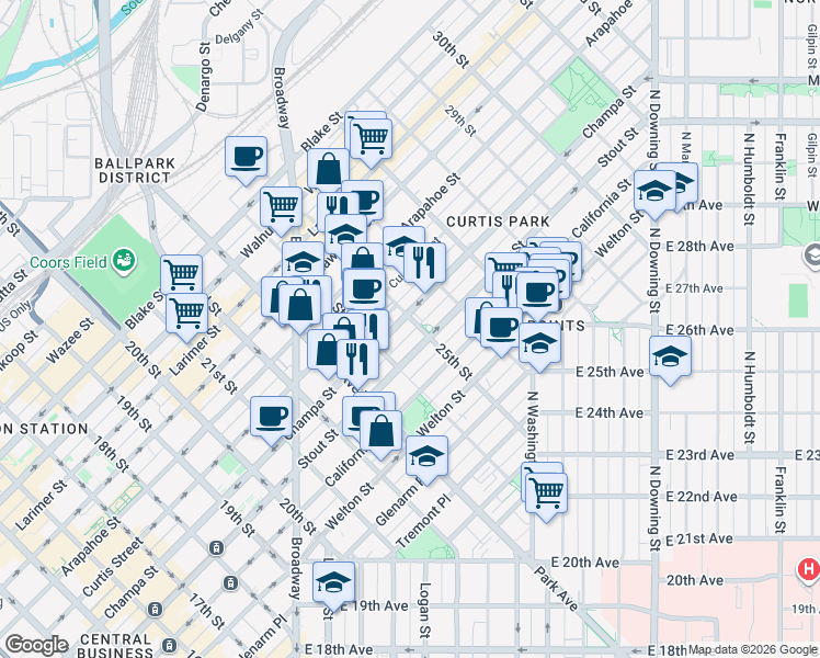 map of restaurants, bars, coffee shops, grocery stores, and more near 2432 Champa Street in Denver