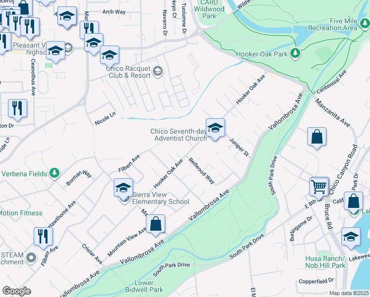 map of restaurants, bars, coffee shops, grocery stores, and more near 1852 Hooker Oak Avenue in Chico