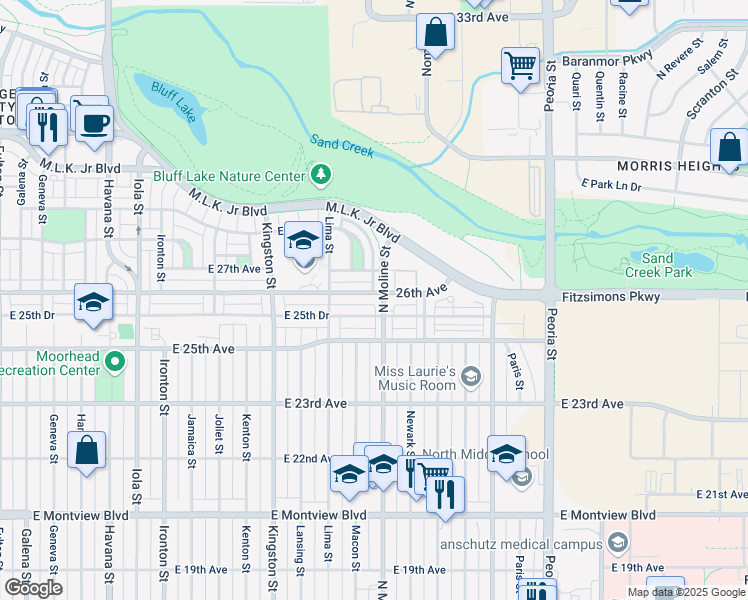 map of restaurants, bars, coffee shops, grocery stores, and more near 11480 East 26th Avenue in Aurora