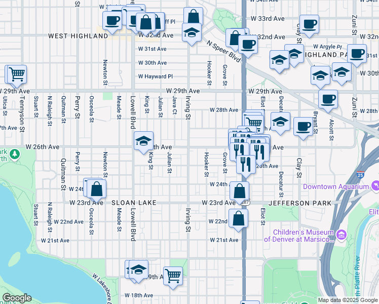 map of restaurants, bars, coffee shops, grocery stores, and more near 2550 Irving Street in Denver
