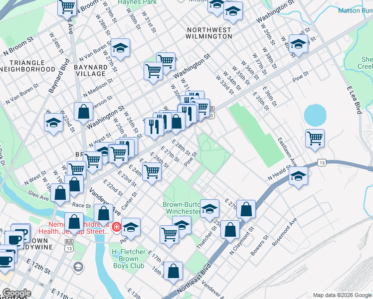 map of restaurants, bars, coffee shops, grocery stores, and more near 201 East 28th Street in Wilmington