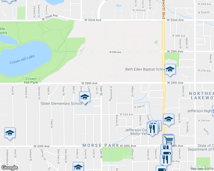 map of restaurants, bars, coffee shops, grocery stores, and more near 8302 West 26th Avenue in Lakewood