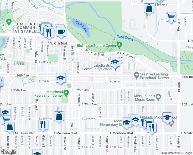 map of restaurants, bars, coffee shops, grocery stores, and more near 10930 East 26th Avenue in Aurora