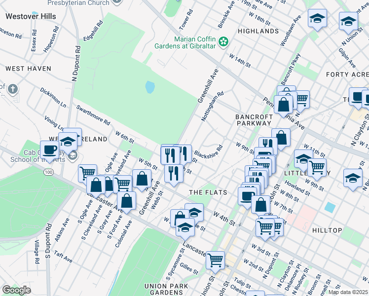 map of restaurants, bars, coffee shops, grocery stores, and more near 705 Nottingham Road in Wilmington