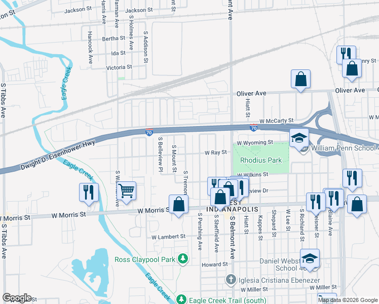 map of restaurants, bars, coffee shops, grocery stores, and more near 2330 West Ray Street in Indianapolis