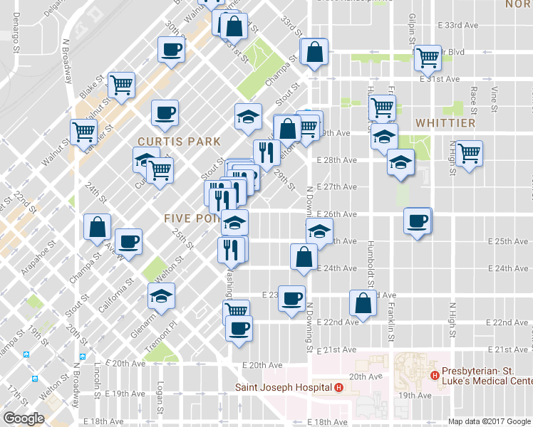 map of restaurants, bars, coffee shops, grocery stores, and more near 2567 Emerson Street in Denver