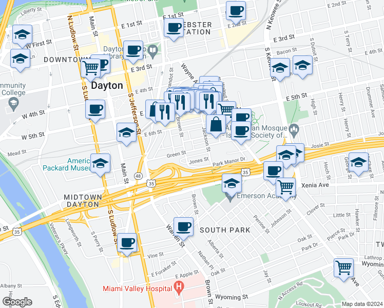 map of restaurants, bars, coffee shops, grocery stores, and more near 212 Green Street in Dayton