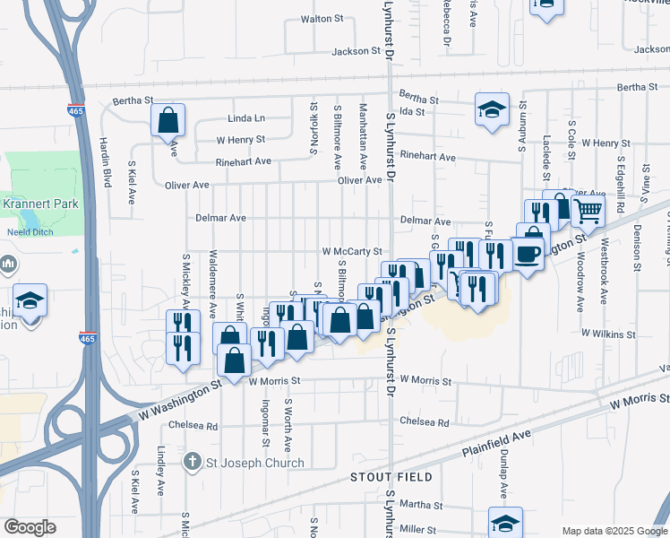map of restaurants, bars, coffee shops, grocery stores, and more near 846 South Biltmore Avenue in Indianapolis
