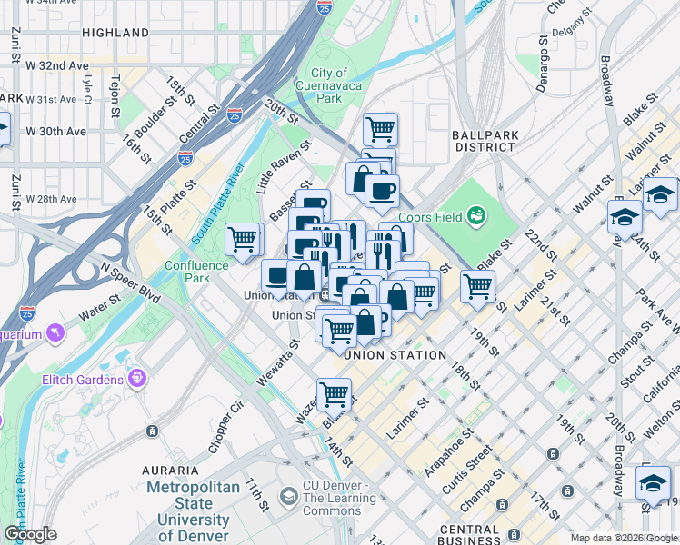 map of restaurants, bars, coffee shops, grocery stores, and more near in Denver