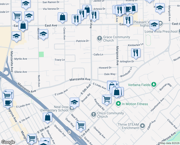 map of restaurants, bars, coffee shops, grocery stores, and more near 2145 Floral Avenue in Chico