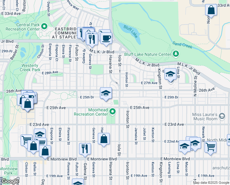 map of restaurants, bars, coffee shops, grocery stores, and more near 10590 East 26th Avenue in Aurora