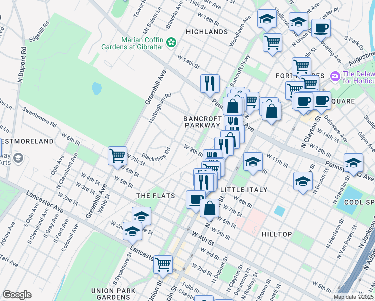 map of restaurants, bars, coffee shops, grocery stores, and more near 2210 West 9th Street in Wilmington