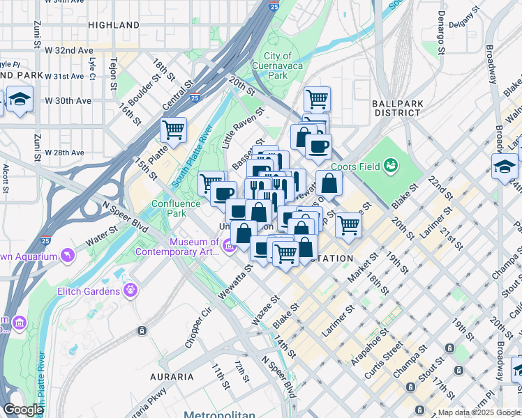 map of restaurants, bars, coffee shops, grocery stores, and more near 1920 17th Street in Denver