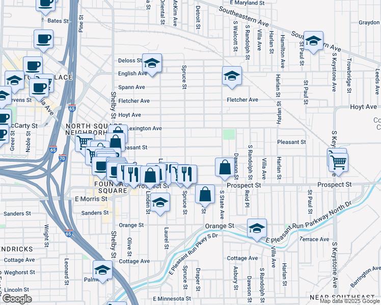 map of restaurants, bars, coffee shops, grocery stores, and more near 1511 Pleasant Street in Indianapolis