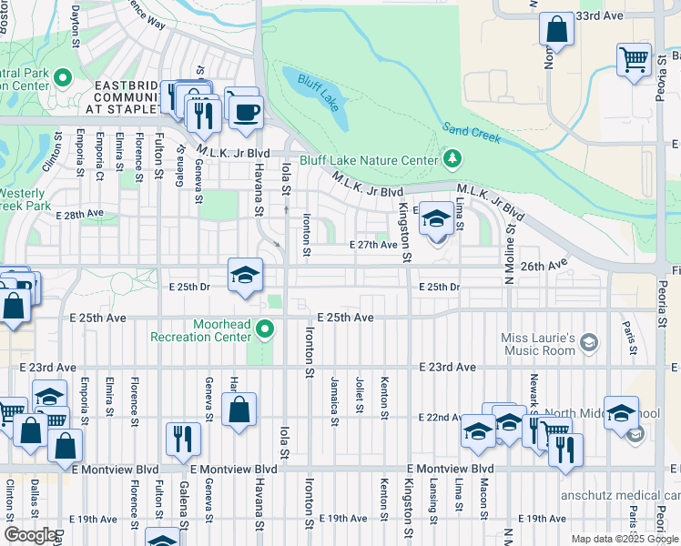 map of restaurants, bars, coffee shops, grocery stores, and more near 10880 East 26th Avenue in Aurora