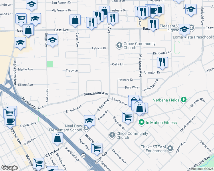 map of restaurants, bars, coffee shops, grocery stores, and more near 2145 Floral Avenue in Chico