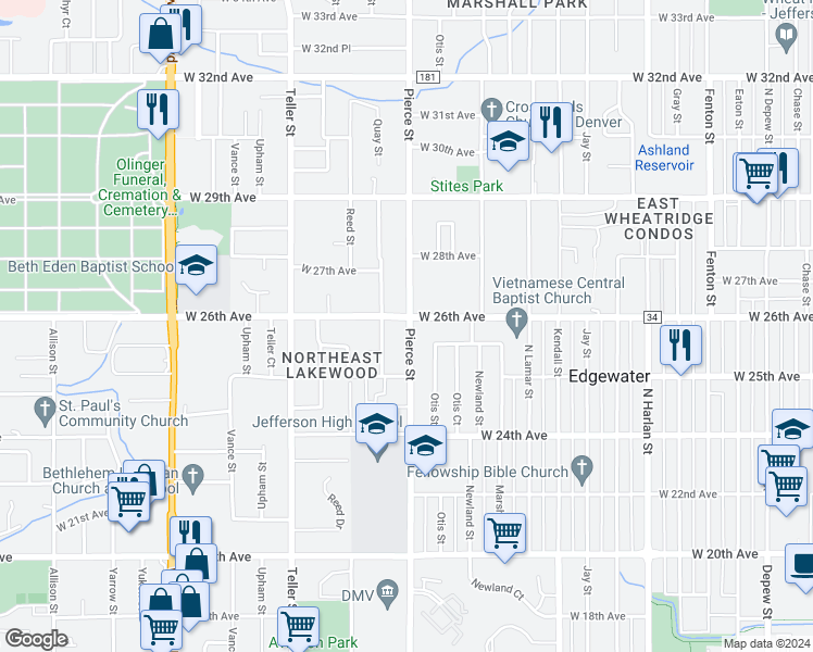 map of restaurants, bars, coffee shops, grocery stores, and more near 2591 Pierce Street in Denver