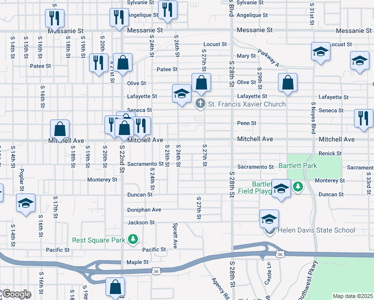 map of restaurants, bars, coffee shops, grocery stores, and more near 2611 Renick Street in Saint Joseph