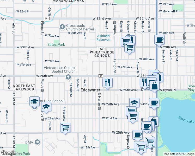 map of restaurants, bars, coffee shops, grocery stores, and more near 2569 North Harlan Street in Edgewater