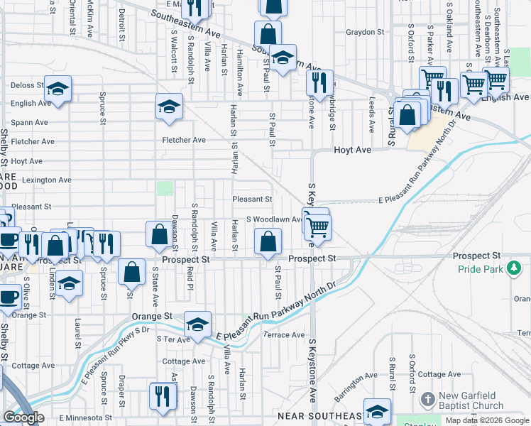 map of restaurants, bars, coffee shops, grocery stores, and more near 2224 Woodlawn Avenue in Indianapolis
