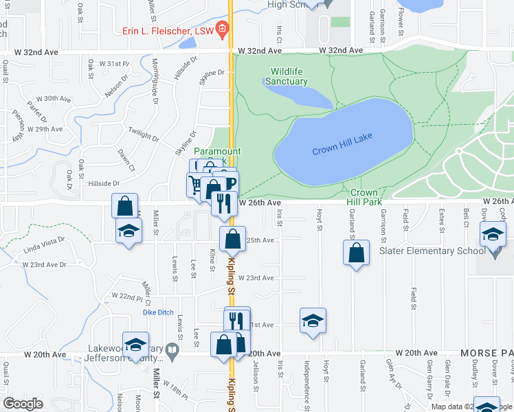 map of restaurants, bars, coffee shops, grocery stores, and more near 9814 West 26th Avenue in Lakewood