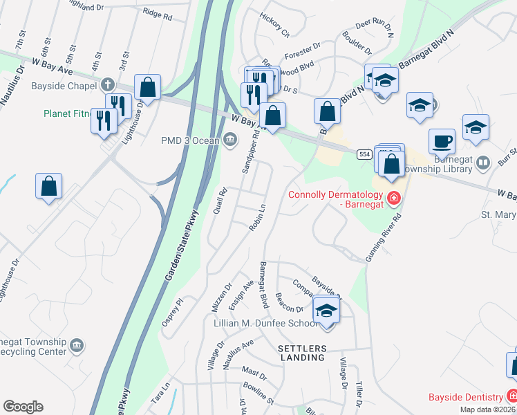 map of restaurants, bars, coffee shops, grocery stores, and more near 48 Robin Ln in Barnegat Township