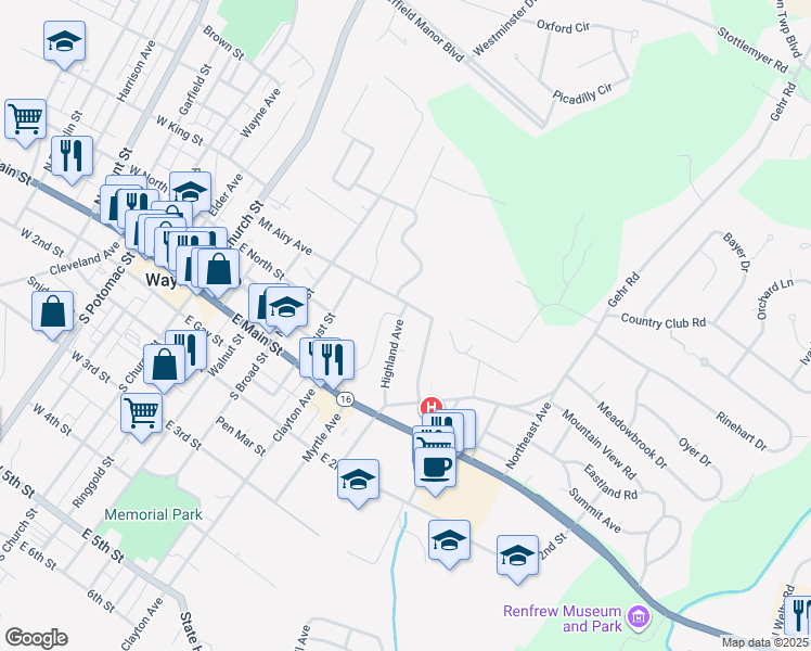 map of restaurants, bars, coffee shops, grocery stores, and more near 273 Highland Avenue in Waynesboro
