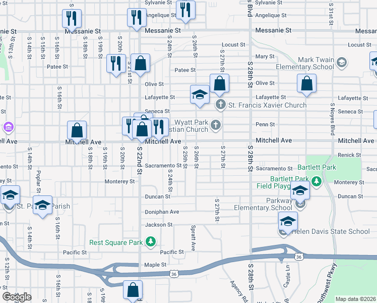 map of restaurants, bars, coffee shops, grocery stores, and more near 1317 South 25th Street in Saint Joseph