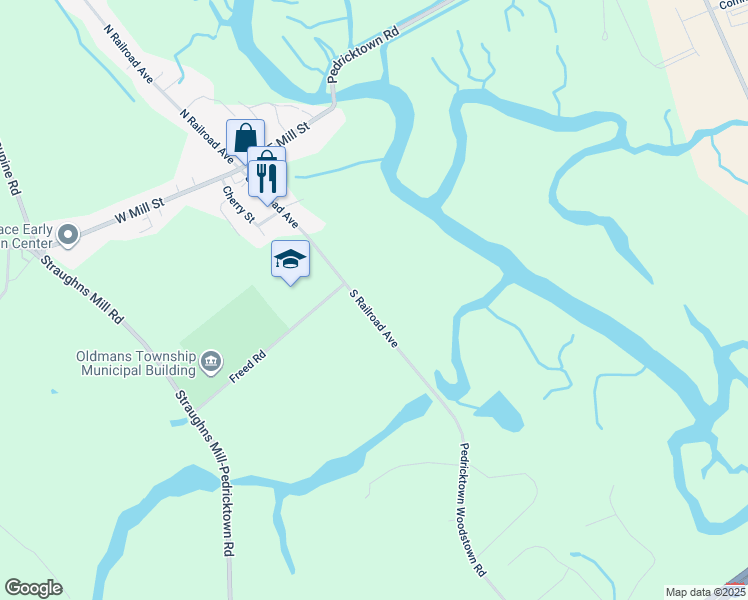 map of restaurants, bars, coffee shops, grocery stores, and more near 63 South Railroad Avenue in Oldmans Township