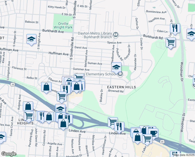 map of restaurants, bars, coffee shops, grocery stores, and more near 1764 Gondert Avenue in Dayton