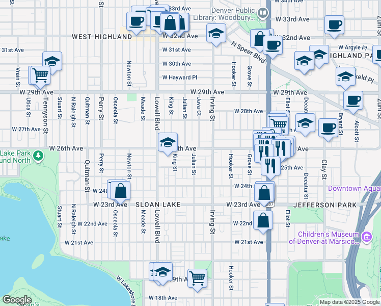 map of restaurants, bars, coffee shops, grocery stores, and more near 2551 Julian Street in Denver