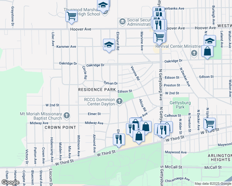 map of restaurants, bars, coffee shops, grocery stores, and more near 511 Elmhurst Road in Dayton