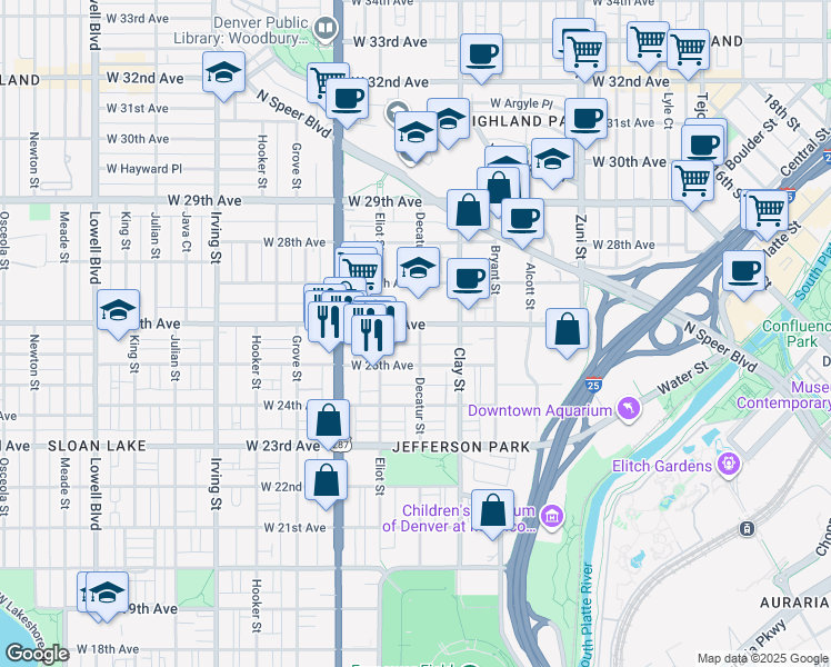 map of restaurants, bars, coffee shops, grocery stores, and more near 2812 West 26th Avenue in Denver