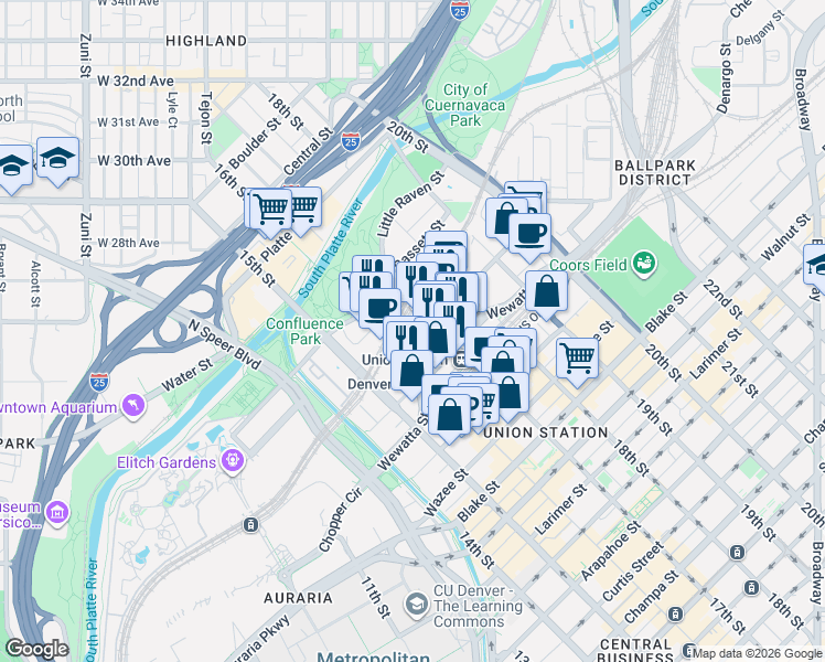 map of restaurants, bars, coffee shops, grocery stores, and more near 2001 16th Street Mall in Denver