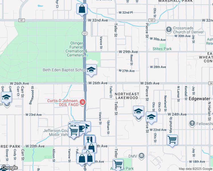 map of restaurants, bars, coffee shops, grocery stores, and more near 2580 Upham Street in Lakewood
