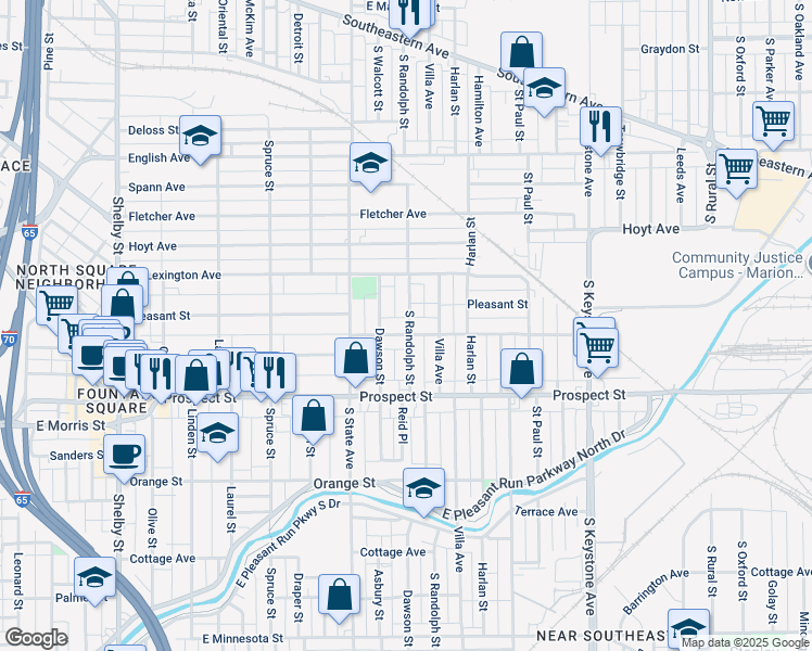 map of restaurants, bars, coffee shops, grocery stores, and more near 1832 Woodlawn Avenue in Indianapolis