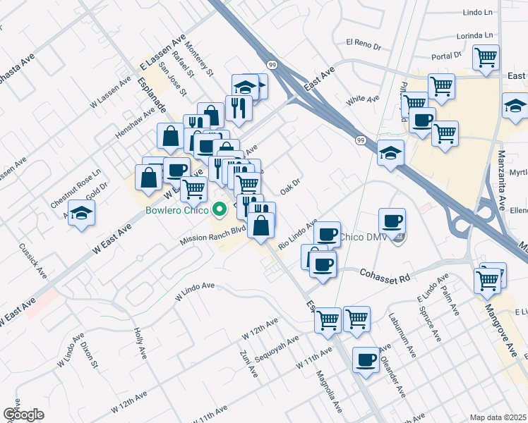 map of restaurants, bars, coffee shops, grocery stores, and more near in Chico