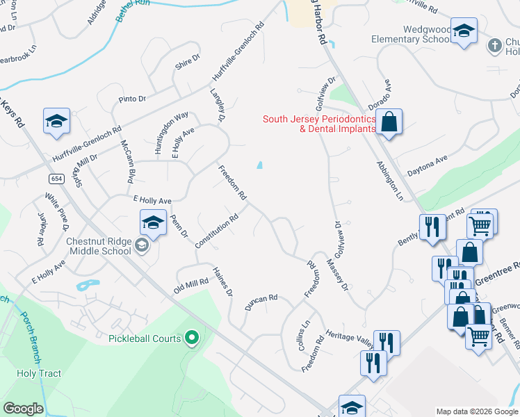 map of restaurants, bars, coffee shops, grocery stores, and more near 83 Freedom Road in Washington Township