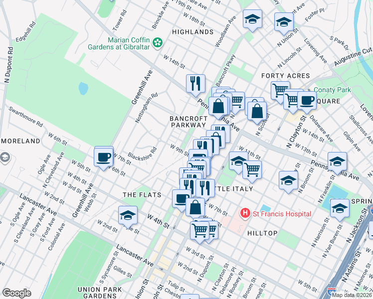 map of restaurants, bars, coffee shops, grocery stores, and more near 880 North Bancroft Parkway in Wilmington