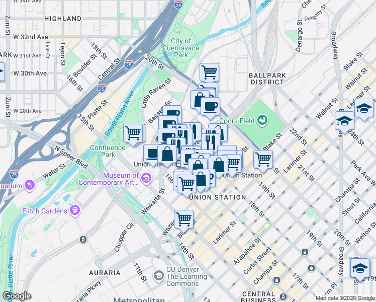 map of restaurants, bars, coffee shops, grocery stores, and more near in Denver