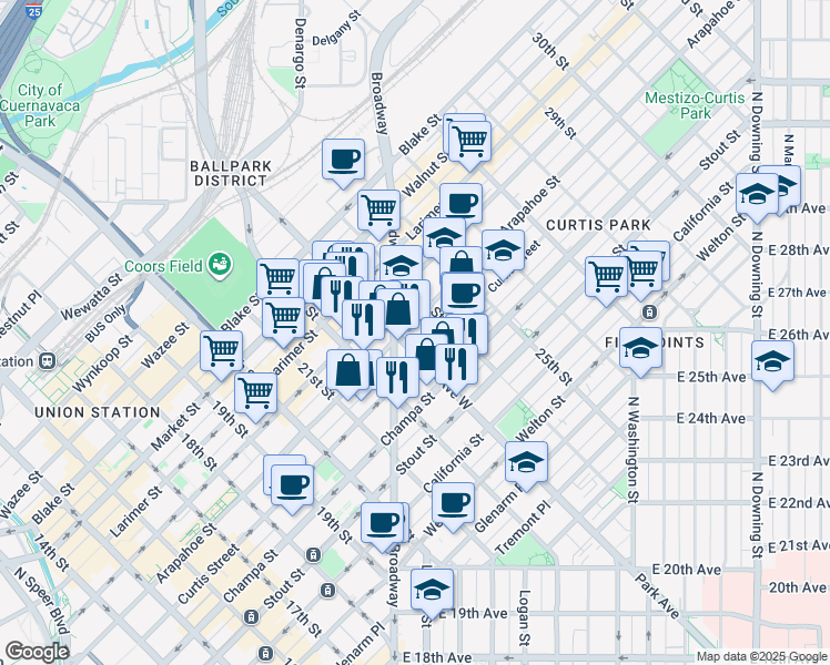 map of restaurants, bars, coffee shops, grocery stores, and more near 2318 Arapahoe Street in Denver