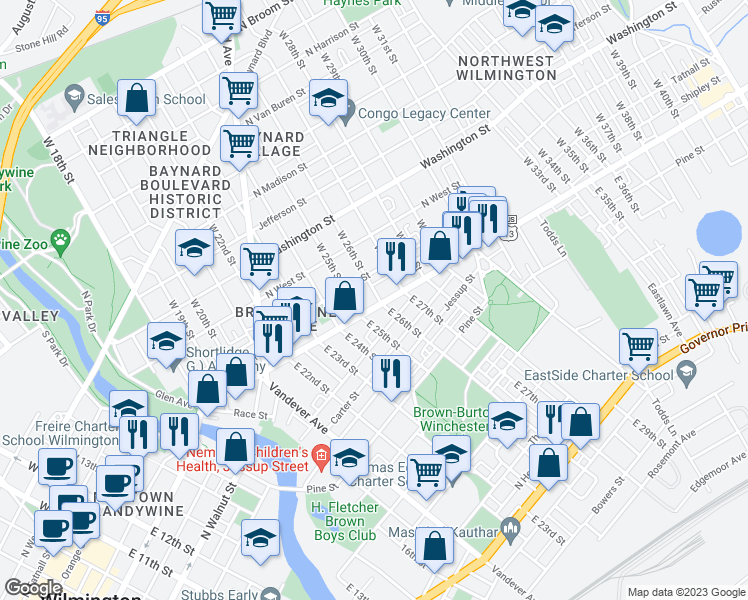map of restaurants, bars, coffee shops, grocery stores, and more near 2517 North Market Street in Wilmington