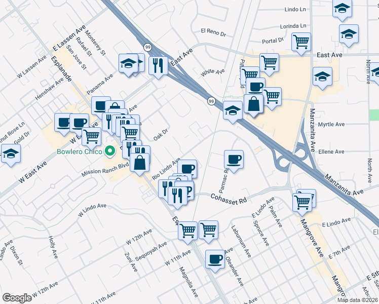 map of restaurants, bars, coffee shops, grocery stores, and more near 299 Rio Lindo Avenue in Chico