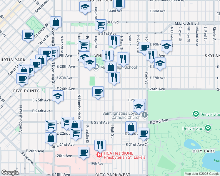 map of restaurants, bars, coffee shops, grocery stores, and more near 1819 East 26th Avenue in Denver