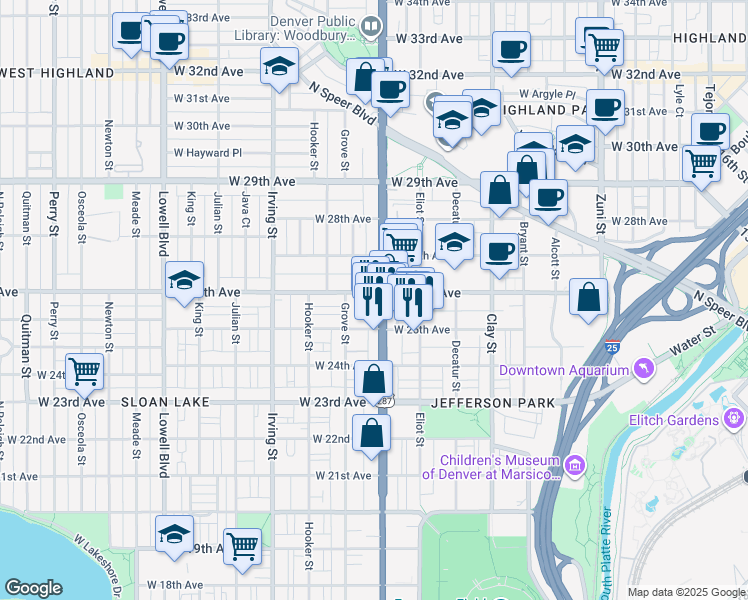 map of restaurants, bars, coffee shops, grocery stores, and more near 2575 Federal Boulevard in Denver