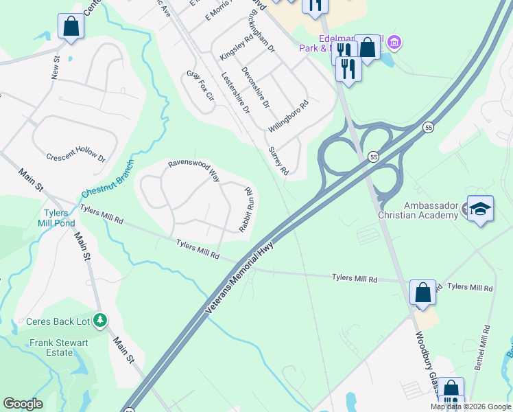 map of restaurants, bars, coffee shops, grocery stores, and more near 133 Rabbit Run Road in Mantua Township